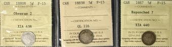 1880H 5¢ "Obverse 2", 1883H, 1887 "Repunched 7" - Lot of 3 coins ICCS F15. Estimate: 300 - AND UP CAD