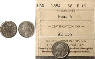 1884 5¢ Near 4 ICCS F15. Decent key date issue. Estimate: 300 - AND UP CAD