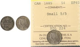 1885 5¢ "Small 5/5" ICCS Extremely Fine-40 - RP-2 Small 5/Small 5. Scarce variety. Estimate: 250 - AND UP CAD