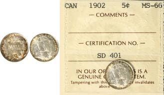 1902 5¢ ICCS MS66 Highly lustrous with hues of gold and russet tones. Estimate: 300 - AND UP CAD