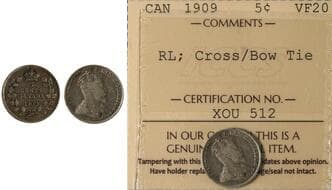 1909 5¢ "RL; Cross Bow Tie" ICCS VF20 Estimate: 500 - AND UP CAD