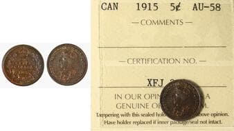 1915 5¢ ICCS AU58 - Nice autumn shades. Estimate: 250 - AND UP CAD