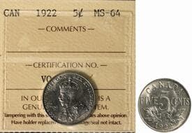 1922 5¢ ICCS MS64. Highly lustrous. Estimate: 200 - AND UP CAD