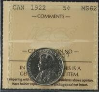 1922 5¢ ICCS MS62. Lustrous example. Estimate: 75 - AND UP CAD