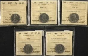1925, 1926 5¢ "Near 6", 1926 "Far 6", 1947 "Dot", 1964 "EWL" - Group of 6 coins, all certified by ICCS and graded from...