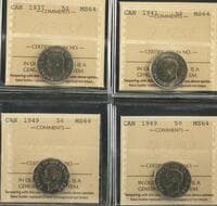 1937 5¢, 1941, 1949 (2) - Lot of 4 coins ICCS MS64. Estimate: 250 - AND UP CAD