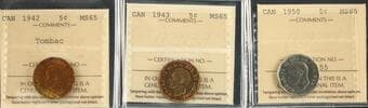 1942 5¢ "Tombac", 1942 "Tombac", 1950 - Lot of 3 coins ICCS MS65. Estimate: 450 - AND UP CAD