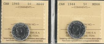 1944 5¢, 1945 - Lot of 2 coins ICCS MS66. Estimate: 150 - AND UP CAD