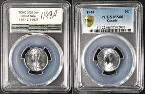 1944 5¢ PCGS MS66. Very flashy with great lustre. Estimate: 75 - AND UP CAD