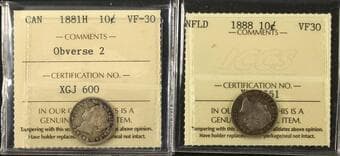 1881H 10¢ "Obv.2", & 1888 - Lot of 2 ICCS VF30 graded coins. Estimate: 275 - AND UP CAD