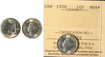 1938 10¢ ICCS MS64 - Brilliant and lustrous. Estimate: 200 - AND UP CAD