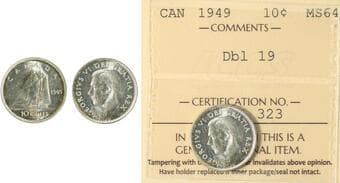 1949 10¢ "Dbl 19" ICCS MS64 Brilliant and lustrous example. Estimate: 75 - AND UP CAD