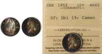 1953 10¢ "SF; Dbl 19" ICCS MS65 Cameo - Superbly toned. Estimate: 200 - AND UP CAD