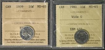1959 10¢, 1980 "Wide O" - Lot of 2 coins ICCS MS65. Estimate: 75 - AND UP CAD