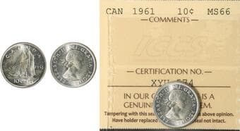 1961 10¢ ICCS MS66 Brilliant and lustrous example. Estimate: 50 - AND UP CAD