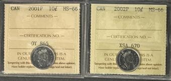 2001-P 10¢, 2002-P - Lot of 2 coins ICCS MS66. Estimate: 50 - AND UP CAD