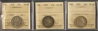 1858 20¢ "Plain 5", 1902 25¢, 1905 25¢ - Lot of 3 coins ICCS Very Fine-20. Estimate: 550 - AND UP CAD