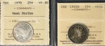 1870 25¢, 1902H - Lot of 2 coins ICCS VF30. Estimate: 250 - AND UP CAD