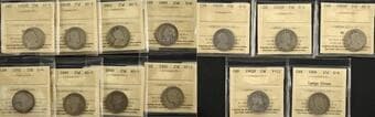 1892-1906 25¢ Group of 14 Coins - All certified by ICCS and graded from AG-3 to G-6. Severa duplicates. Estimate:...
