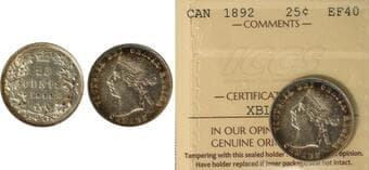 1892 25¢ ICCS EF40. Lustrous with light toning around the rims. Estimate: 250 - AND UP CAD