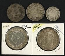 Decimal Group - 1915 25¢, 1936 50¢ (2), 1937 $1, 1938 $1 - Grades vary VG8 to AU50. Estimate: 200 - AND UP CAD