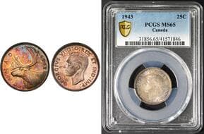1943 25¢ PCGS MS65. A beautifully preserved Gem example displaying vibrant and highly attractive multicolored...