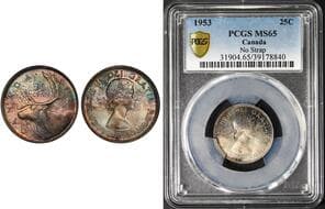 1953 25¢ "No Strap"PCGS MS65. Nicely toned example. Estimate: 75 - AND UP CAD