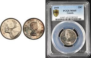 1955 25¢ PCGS MS65 Brilliant and lustrous example with just a hint of toning. Estimate: 100 - AND UP CAD
