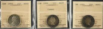 1956 25¢, 1959 Cameo, 1961 - Lot of 3 coins ICCS MS65 Estimate: 100 - AND UP CAD