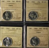 1956 25¢, 1961, 1963, 1964 - Group of 4 coins ICCS MS65 with a couple pieces with a nice Cameo contrast. Estimate:...