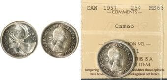 1957 25¢ ICCS MS66 Cameo - Nice champegne tone over full underlying lustre. Estimate: 100 - AND UP CAD