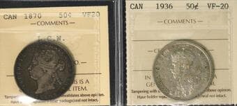 1870 50¢ "LCW", 1936 - Lot of 2 coins ICCS Very Fine-20. Estimate: 300 - AND UP CAD