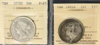 1872H 50¢, 1881H - Lot of 2 coins ICCS Choice Fine-15. Estimate: 500 - AND UP CAD