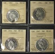 1941 50¢, 1943 "Far 3", 1946, 1947 "Straight 7". Lot of 4 coins ICCS Choice Mint State-63. Estimate: 500 - AND UP CAD