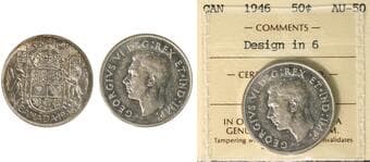 1946 50¢ "Design in 6" ICCS AU50 - Brilliant and lustrous example. Estimate: 500 - AND UP CAD