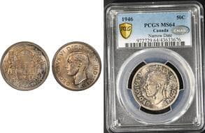 1946 50¢ "Narrow Date" PCGS Choice Mint State-64. Light, even toning is present, featuring a delicate golden hue that...