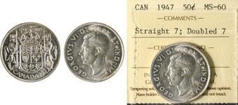1947 50¢ "Straight 7; Doubled 7" ICCS MS60 Brilliant and lustrous example. Estimate: 100 - AND UP CAD