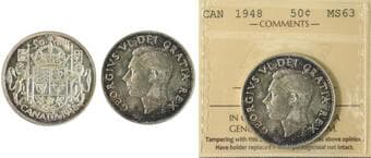 1948 50¢ ICCS Choice Mint State-63. A nice and popular key date. Estimate: 400 - AND UP CAD