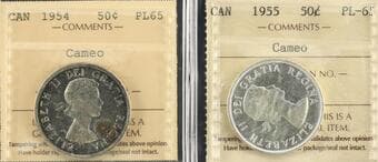 1954 50¢, 1955 - Lot of 2 coins ICCS PL65 Cameo. Estimate: 200 - AND UP CAD