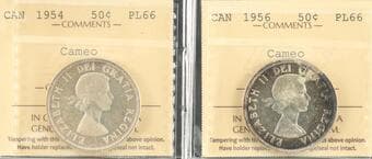 1954 50¢, 1956 - Lot of 2 coins ICCS PL66 Cameo. Estimate: 200 - AND UP CAD