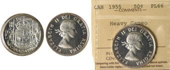 1955 50¢ ICCS PL66 Heavy Cameo. Strong cameo contrast is present, with frosted devices standing in bold relief...