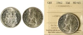 1962 50¢ ICCS MS65. Mostly brilliant example. Estimate: 75 - AND UP CAD