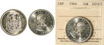 1964 50¢ ICCS MS65. Mostly brilliant example. Estimate: 75 - AND UP CAD