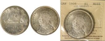 1935 $1 "Double Voyageur" ICCS MS66 Delicatepink aand champagne tone, great surfaces. Estimate: 300 - AND UP CAD