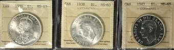 1936 $1 MS63, 1938 MS63, 1949 MS65 - Lot of 3 ICCS graded coins. Estimate: 400 - AND UP CAD