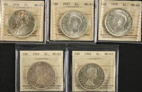 1936 $1, 1937, 1939, 1960, 1962 - Group of 5 coins ICCS MS63. Estimate: 250 - AND UP CAD