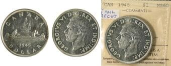1945 $1 ICCS Mint State-60. Brilliant and Lustrous example. Estimate: 400 - AND UP CAD