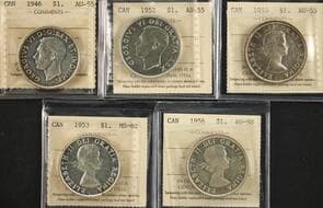 1946 $1, 1952 "WL polished, 1953 "SF", 1953 "NSF", 1956 - All 5 coins are ICCS certified, with grades ranging from...
