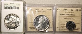 1950 $1 Arnprior ANACS MS62, 1955 $1 ICCS MS60 & 1964 5¢ EWL ICCS MS60. Lot of 3 graded coins. Estimate: 200 - AND...