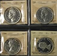 1950 $1 MS64, 1952 "WL" MS60, 1953 "NSF" MS63, 1953 "NSF" MS63 Heavy Cameo - Lot of 4 ICCS graded coins. Estimate: 250...